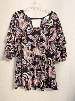 Stem & Vine Top Women 2X Black Paisley Floral Ruffled Sleeves Keyhole Back