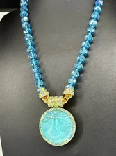 New Man on the Moon Face  Pendant Crystal Bead Necklace Gold Tone AB Rhinestones