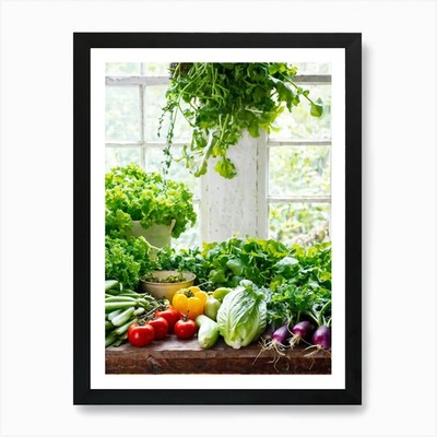 Frisches Gemüse auf einer Fensterbank ein gerahmtes Wandbild Poster Leinwanddruck Bild
