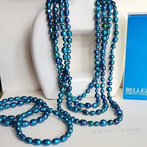 Bellezza Blue Baroque Pearl Beaded Necklace 50 in Long Blue Pearl Baroque Shape image 2