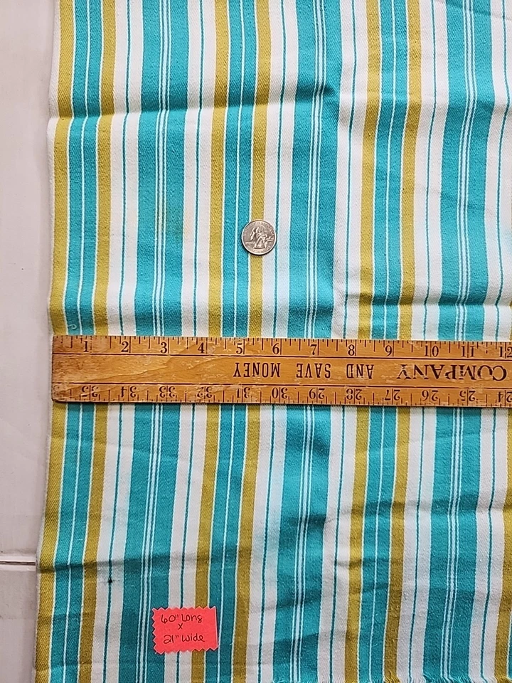 60" X 21"w Ticking Stripe Turquoise White Gold Cotton Sewing Twill Fabric Craft - Image 3 of 4