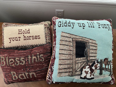 Horse Tapestry Western Throw Pillows lot of 3, Bless this Barn, Giddy Up Pony