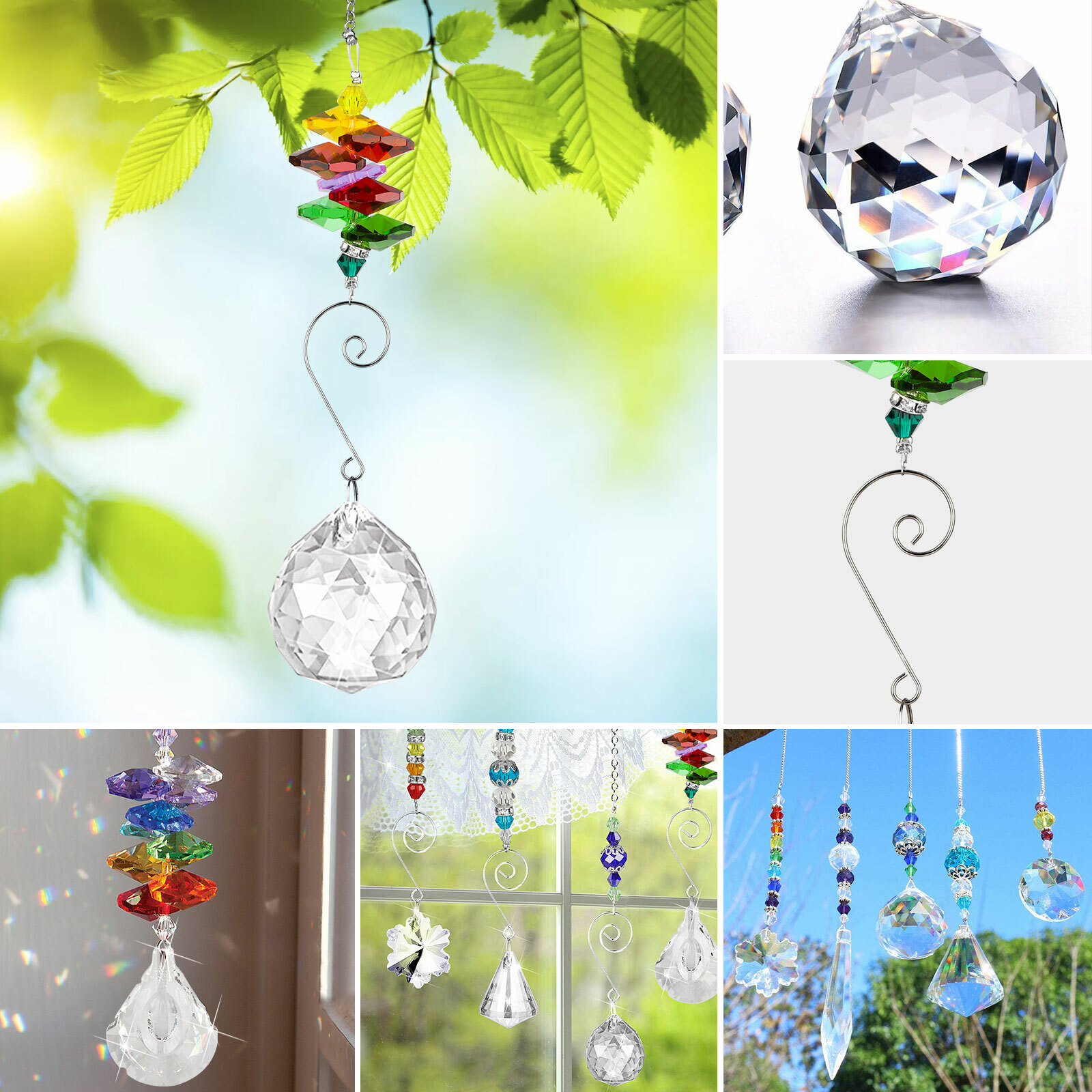 7PCS Hanging Crystal Prism Pendant Rainbow Suncatcher Window Chandelier Decor