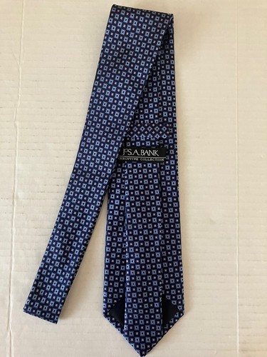 Jos. A. Bank Men's Necktie Tie Silk Hand Made Blue White Squares Geometric - Picture 3 of 6