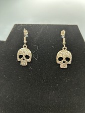 Etched Skull Bone Shape Day Of The Dead Drop Silver Toned Dangle Earrings