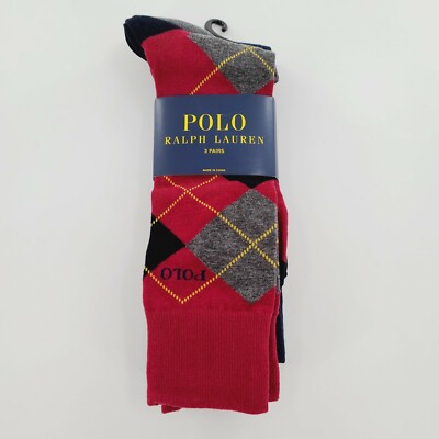 Polo Ralph Lauren Men's 3 Pairs Socks Dress Casual Argyle Red Multicolor NEW