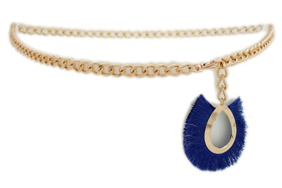 Women High Waist Hip Gold Metal Chain Narrow Band Belt Blue  display picture 2