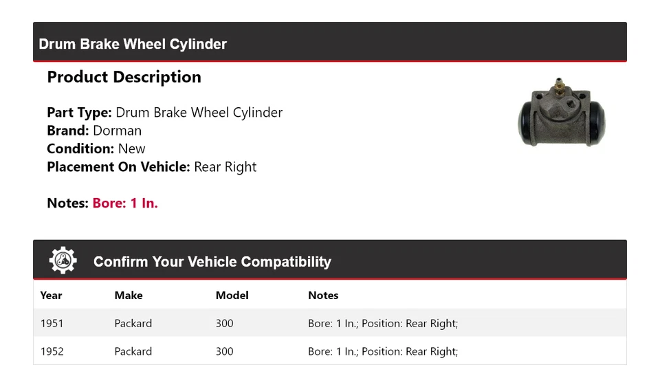 Cilindro de rueda de freno de tambor trasero derecho Packard 300 Dorman 1951-1952 Foto 2 de 4