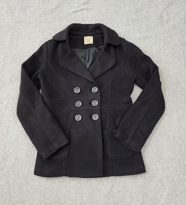 *Black Peacoat Jacket* Juniors Size Large Satin Lining Double Breasted 
