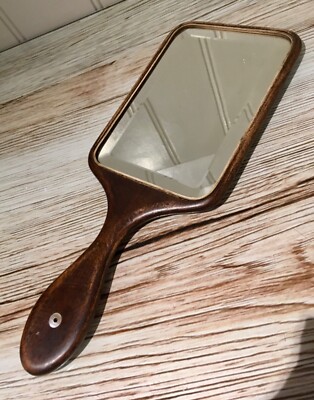 Antiker Handspiegel aus Holz mit abgeschrägtem Glas - Theaterrequisite