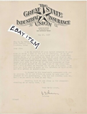 1937 E E BROWN San Antonio Texas LETTERHEAD Great State Industrial Insurance Uni