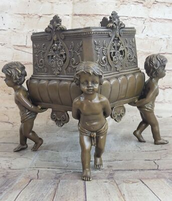 real Bronze Brass Cherub Holding Vase Figurine Vintage Art Deco 10'' Planter Sale