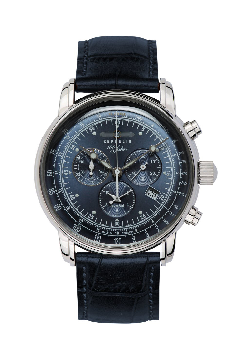 Zeppelin "" 100 Jahre "" Herrenuhr Quarz Chronograph Blau 76803 mit Lederarmband
