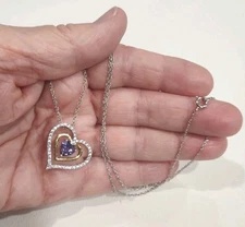 Sun BR Silver Tone Amethyst Glass Stone Purple Heart Necklace 17",1", H99