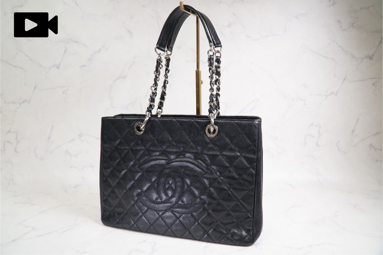 [Very Good] CHANEL Caviar Skin GST Grand Shopping Tote Chain Shoulder Bag Black
