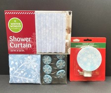 SNOWFLAKES Fabric Shower Curtain Resin Hooks Night Light Blue Winter Holiday