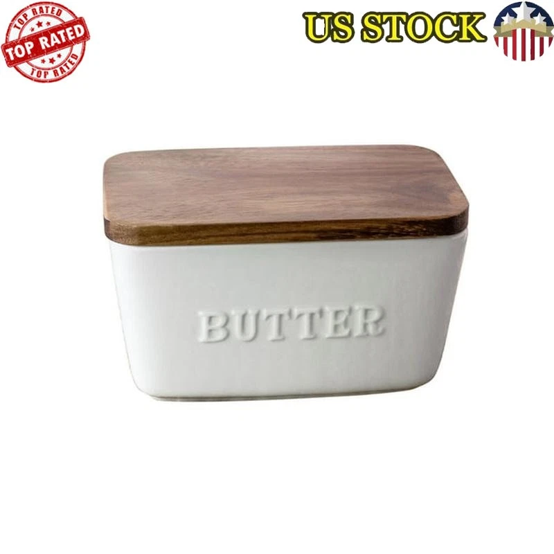 Porcelain Butter Dish Acacia Wood Lid Microwave Dishwasher Safe Kitchen Use