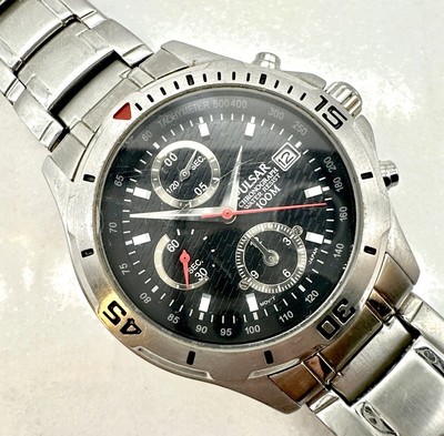 Rare Pulsar YM92-X085 Chronograph 100M Black Dial, Silver, Working New  Battery