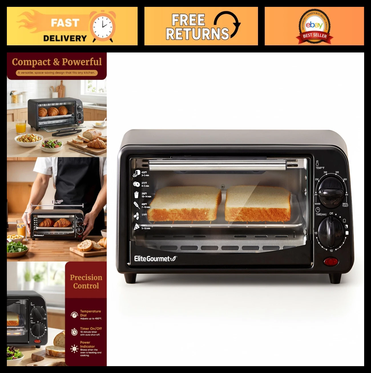 Compact 2-Slice Countertop Toaster Oven with Timer & Adjustable Temp - Bake, Bro