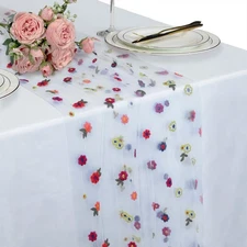 Ivory Floral Gauze Table Runner 10FT Embroidery Daisy Spring Summer Seasonal ...