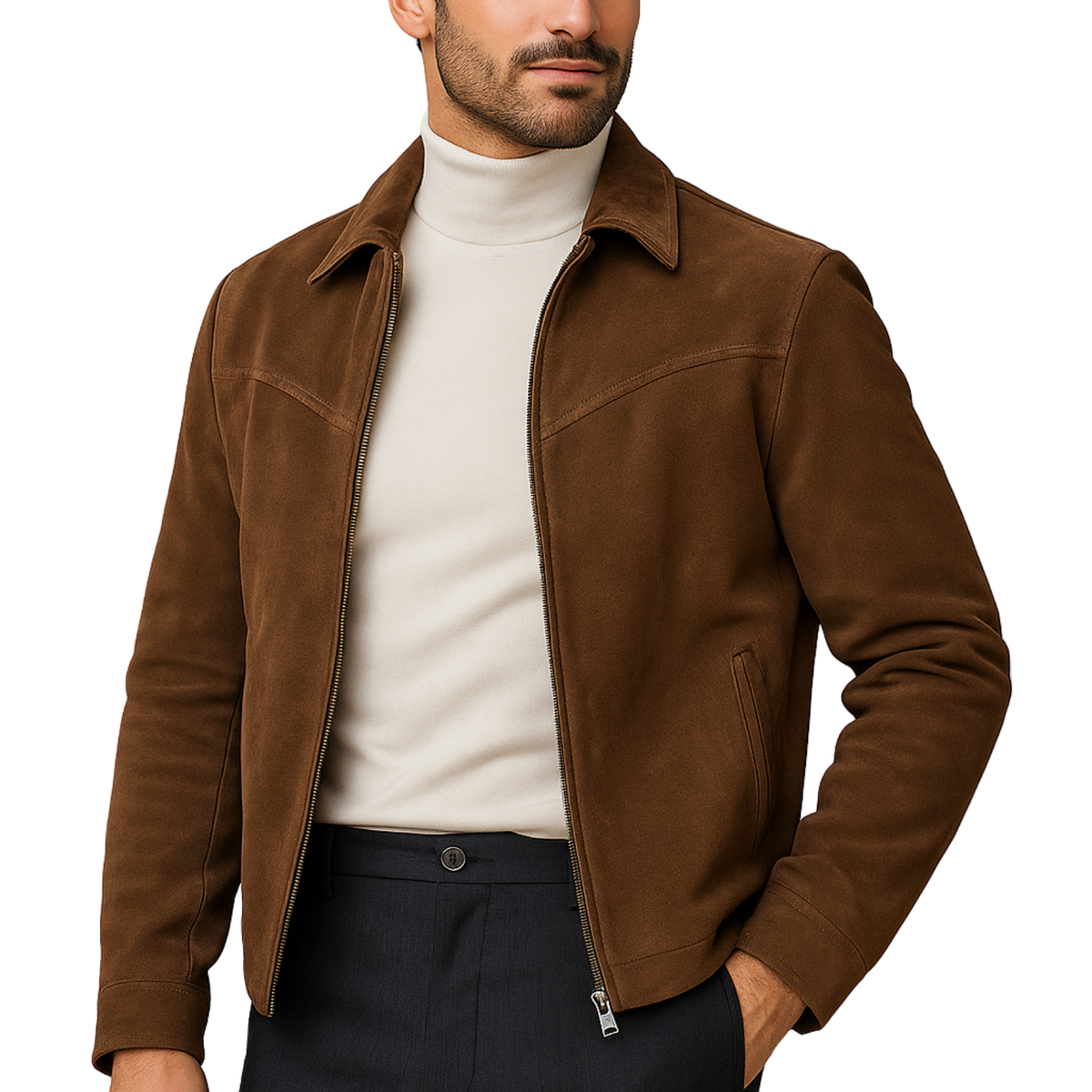 Men's Brown Genuine Suede Leather Jacket Classic Casual Slim Fit