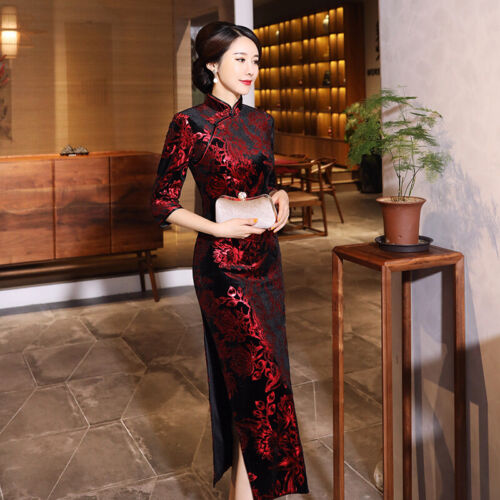 AAA Traditional Chinese Long Dress Women Velvet Cheongsam Prom Qipao Size M-4XL - Picture 3 of 13