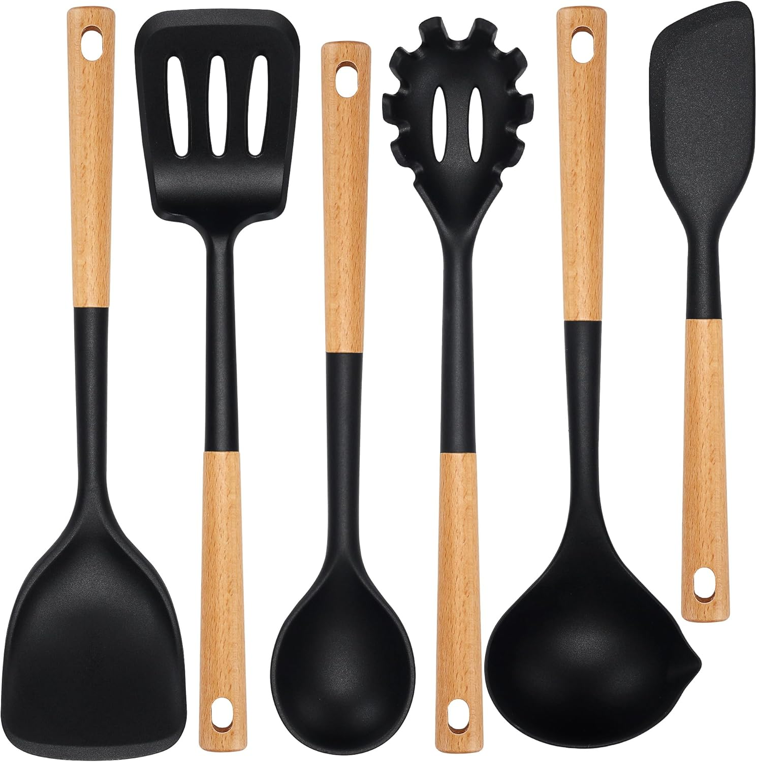 Kitchen Utensils Set, Large Non-Stick Silicone Cooking Utensils Set 6 Pcs, Woode