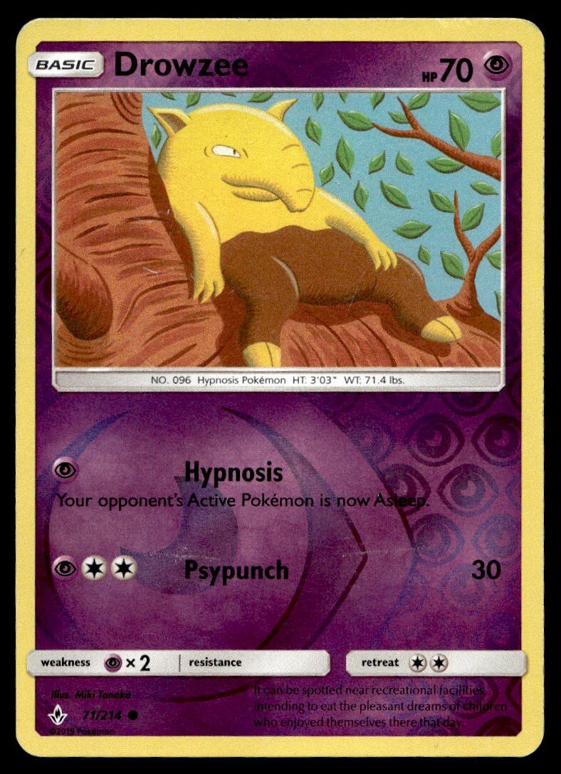Drowzee 71/214 Pokemon Card Unbroken Bonds Common Rev Holo 70 HP LP N34