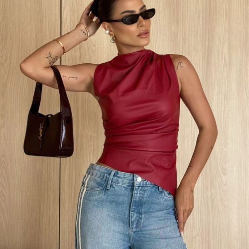 Sexy Womens Ruched PU Leather Vest Tanks Tops Sleeveless Shirts Tee Tunic Cami - Picture 21 of 22