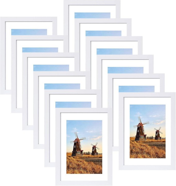 12Er Set Bilderrahmen 13X18Cm Weiß Holzrahmen Passepartout Acrylglas-image