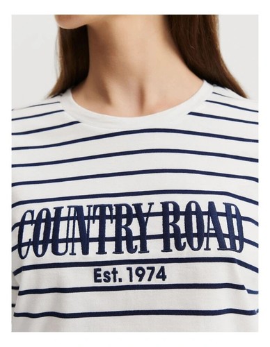 BNWT COUNTRY ROAD size XXS 6 HERITAGE LOGO T-SHIRT in Navy White Stripe RRP$69 - Picture 2 of 4