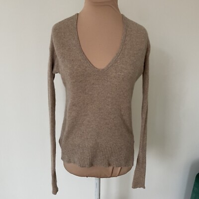 ROI 100% Cashmere Tan V-Neck Open Back Ribbed Sleeve Thumbhole Sweater EUC Sz XS
