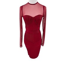 House of CB Womens Noelle Red Bandage Mini Dress Mesh Sleeves Bodycon Size XS