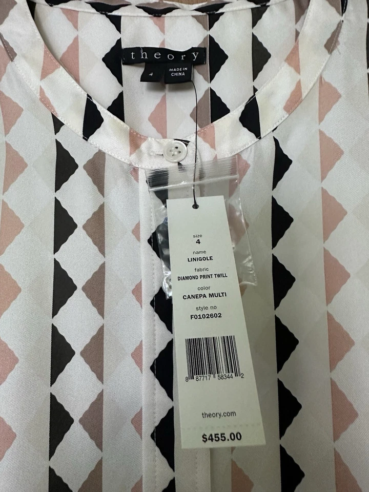 Theory 100% Silk Shirt Dress SIZE 4 Long Sleeve Diamond Print Slit Side 455$MSRP - Image 4 of 4