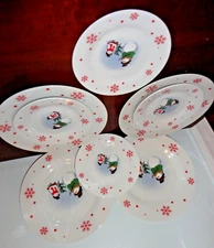 CHRISTMAS 2005 JAS SNOWMAN SNOWFLAKES STONEWARE 8 PC. SET 4 DINNER 4 SALAD PLATE