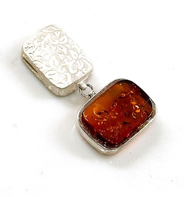 925 Solid Sterling Silver Cognac Baltic Amber Designer Rectangular Nice Pendant