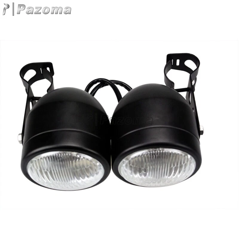 Black Twin Headlight Motorcycle Double Lamp Universal For Honda Bobber Touring - Image 2 of 4