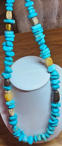STERLING SILVER*TURQUOISE*TIGER'S EYE*AGATE*NECKLACE*CHUNKY*CHINESE*30 INCHES*