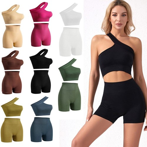 2 Stück Gerippte Yoga Outfits Hohe Taille Sport BH Damen Trainingssets Übung - Bild 1 von 20
