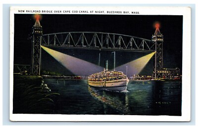 New Railroad Bridge Over Cape Cod Canal Night Buzzards Bay MA 1938 Postcard F1