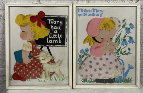 VTG Mary Had A Little Lamb And Mistress Mary Quite Contrary Framed Pictures IRMI