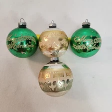 4 Vintage Shiny Brite Glass Christmas Balls Ornaments~Fleur de Lis~Poinsettia+