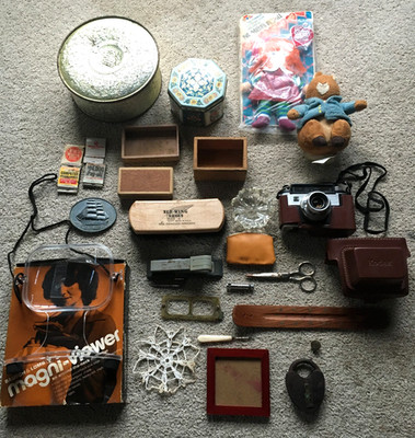 Vintage Junk Drawer 50s-80s Toys Kodak Wood Boxes Tins Ashtray Plus More