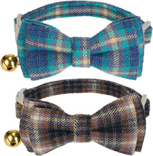 2 Pack Soft Cotton Cat Collars with Bowtie and Bell Breakaway Plaid Cat Kitten C