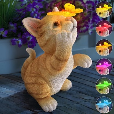 Sinhra Solar Garden Statue Cat Figurine,Resin Cat Statue Playing Butterfly,Outdo