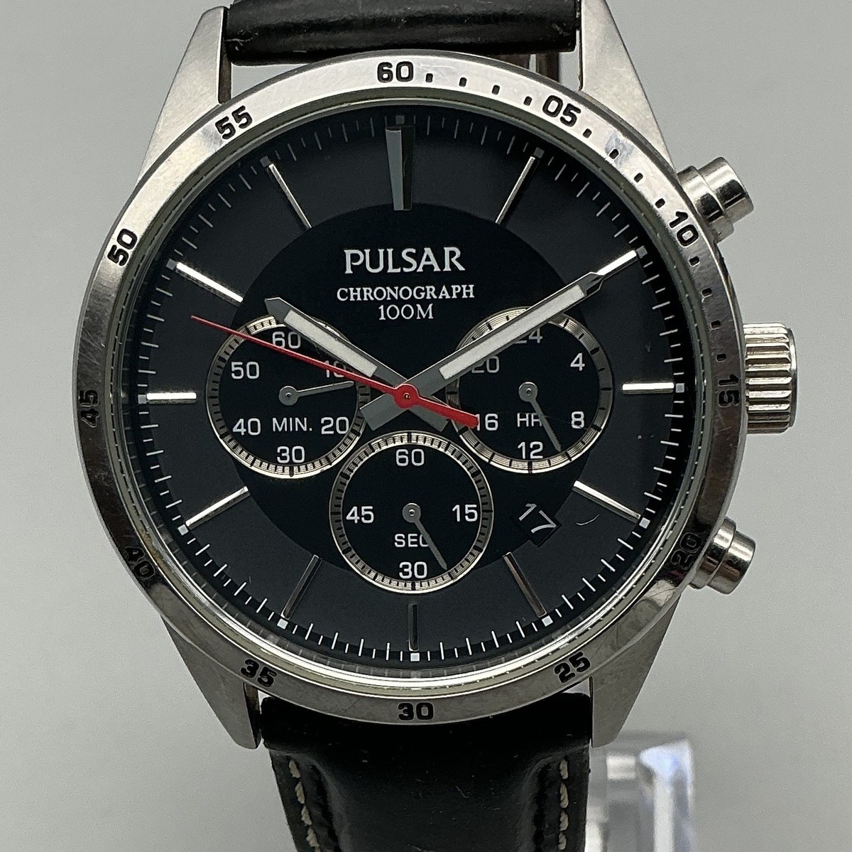 Pulsar Mens Watch 41mm Black Dial Chronograph Leather Date VD53
