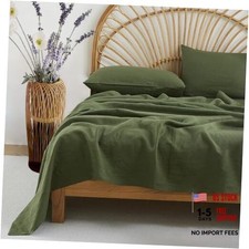 100 Pure Linen Sheets Set, 4 Piece Natural Flax Bedding Sets Queen Mossy Green