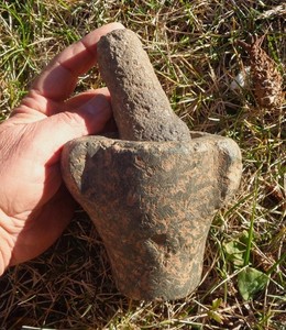 LATE ROMAN MORTAR & PESTLE with POT SHARDS, Arta, Mallorca
