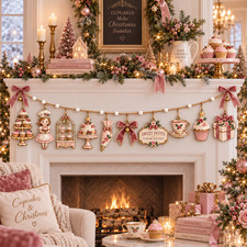 Cupcake Shop Wooden Ornament Garland 6 ft Christmas Decor Vintage Mantel Gift
