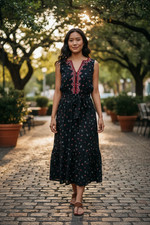 Gap Black Floral Ditsy Print Embroidered Midi Dress Tie Waist Sleeveless Size M